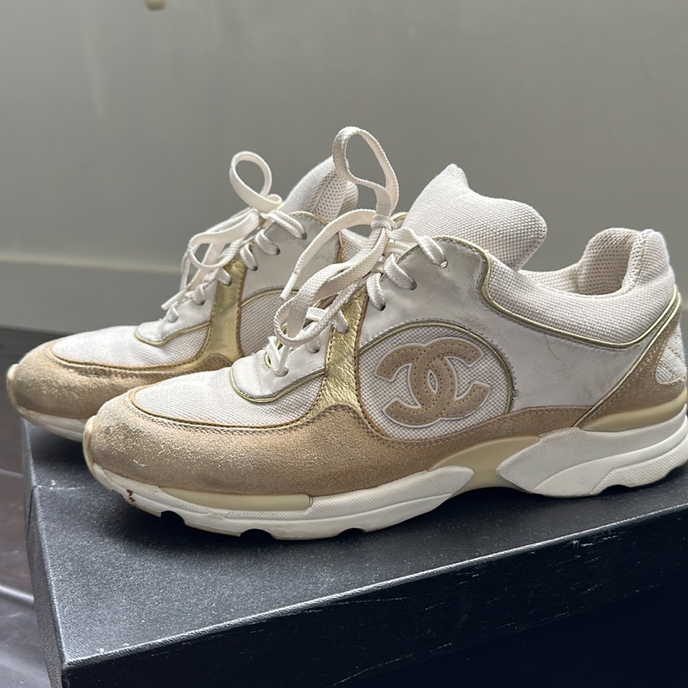 Chanel Suede Leather White Sneakers Sz 39.5 (9) with Box